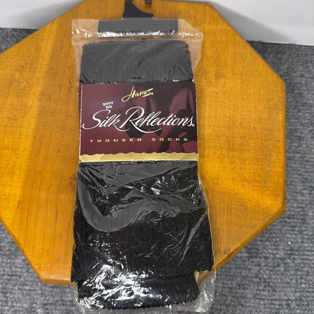 Vintage Hanes Silk Reflections Trouser Socks Shiny Rib Jet Black NWT Made in USA